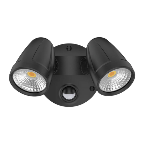 Black Domus MURO-MAX 32S 32W LED sensor trio outdoor spotlight with two LED lights on a white background
