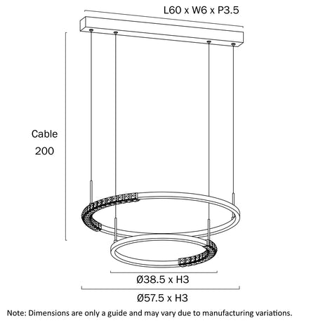 Technical drawing of the Brera 2‑Tier Pendant illustrating dimensions and suspension details.