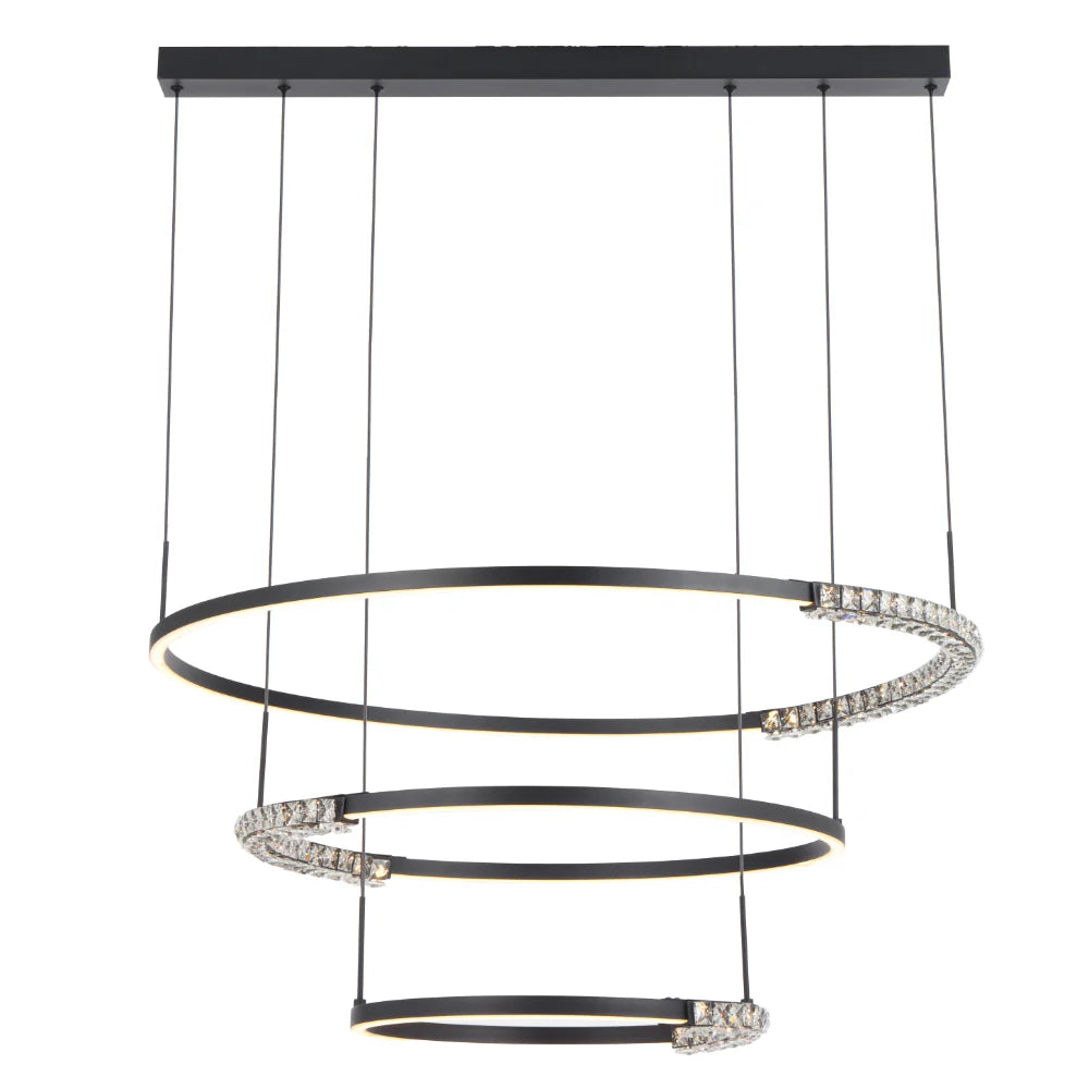 Telbix Brera 3‑Tier Pendant featuring a minimalist black frame and crystal embellishments.