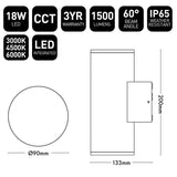 Technical specifications and dimensions of a LED light fixture on a white background