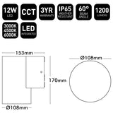 Technical specifications and dimensions of an LED light fixture on a white background