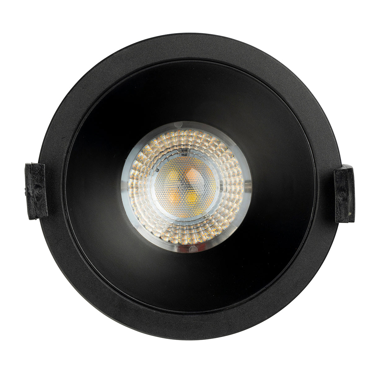 Black recessed ceiling light with a visible LED bulb on a white background