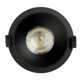 Black recessed ceiling light with a visible LED bulb on a white background