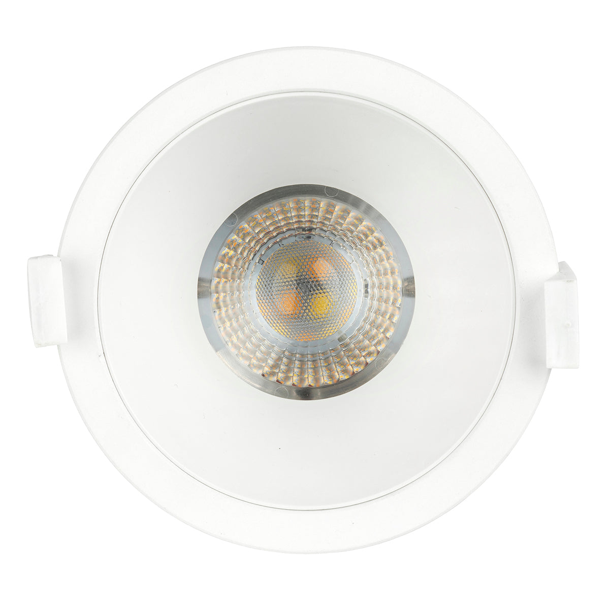 White recessed ceiling light with visible LED bulb on a white background