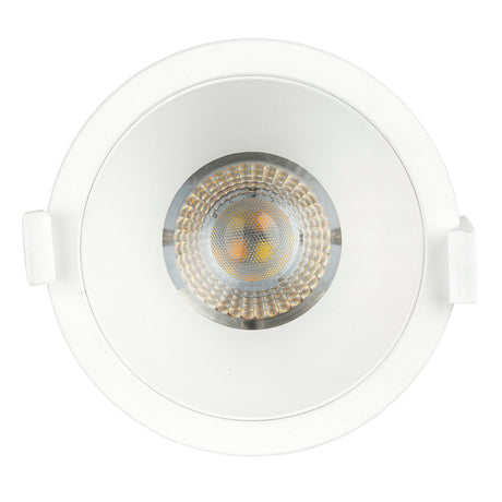 White recessed ceiling light with visible LED bulb on a white background