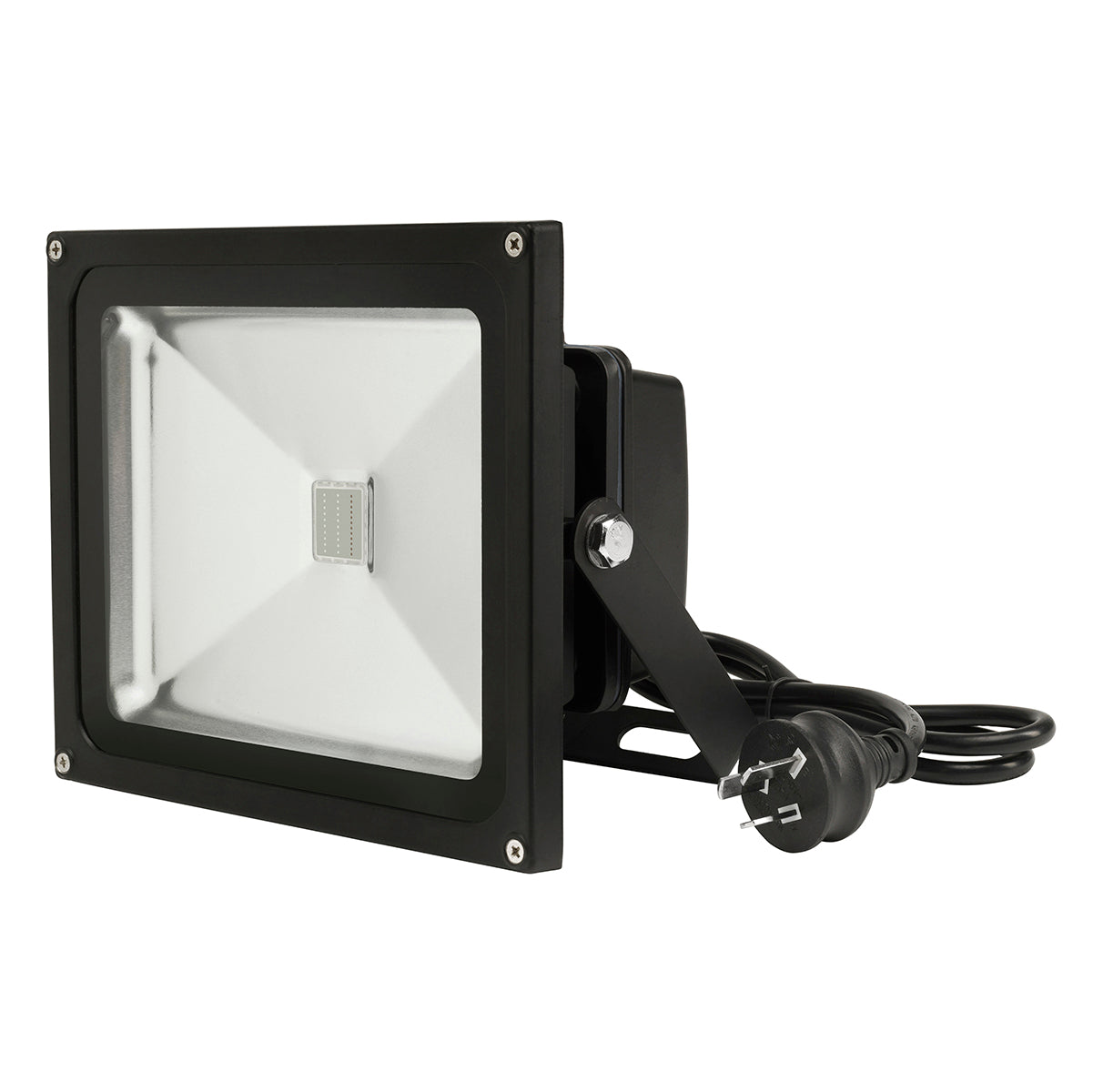 Black flood light with power cord on a white background