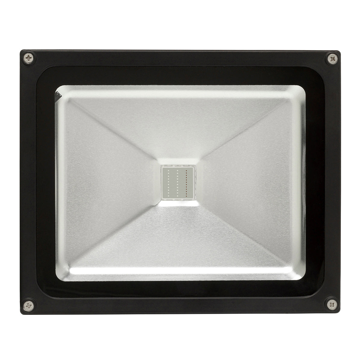Square black and silver LED flood light on a white background