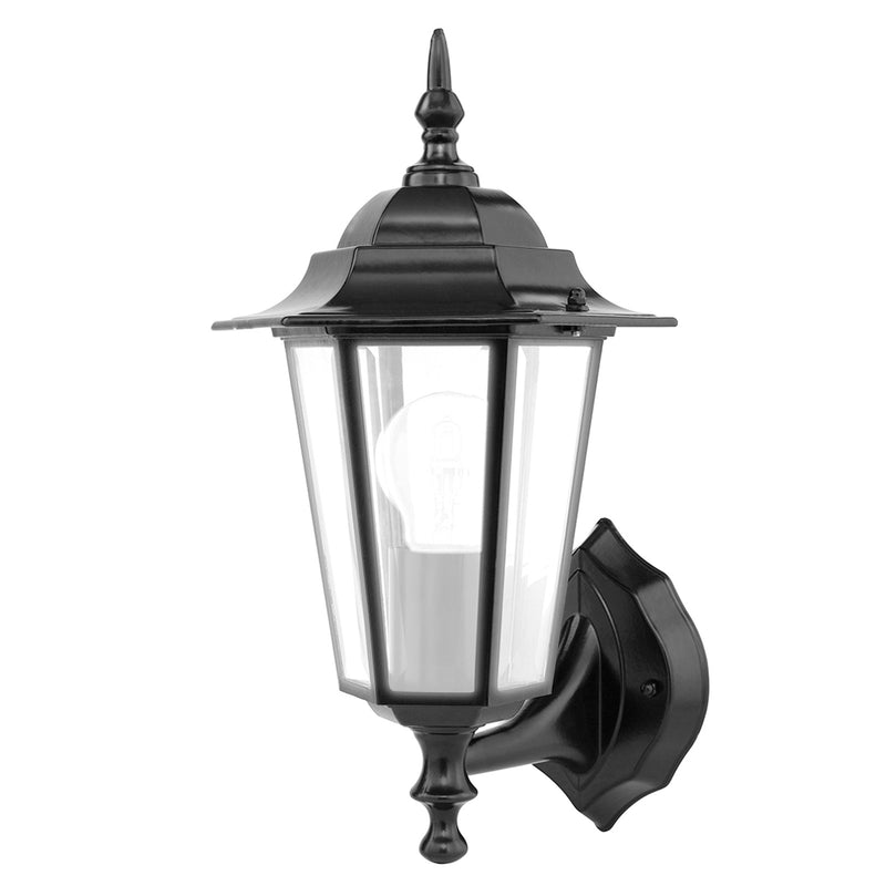 Black outdoor wall light fixture on a white background