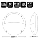 Technical drawing of a wall-mounted light fixture with specifications.