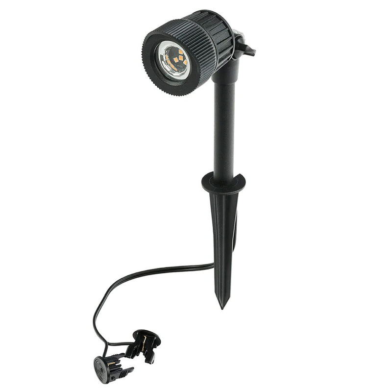 Black outdoor spotlight with adjustable head on a white background
