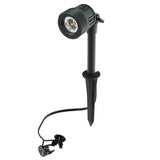 Black outdoor spotlight with adjustable head on a white background