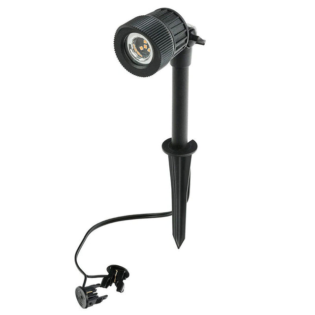 Black outdoor spotlight with adjustable head on a white background
