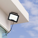 Outdoor flood light attached to a building exterior with a clear blue sky background