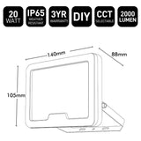 LED flood light with specifications and dimensions on a white background