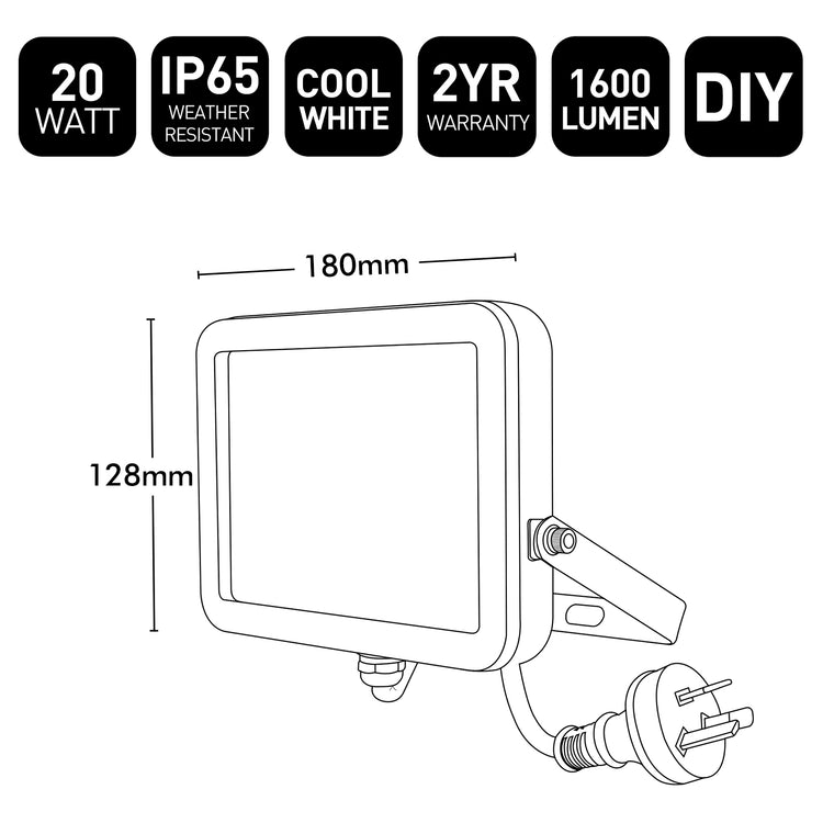 Technical drawing of a LED flood light with specifications on a white background