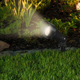 Garden light fixture illuminating a grassy area with plants in the background
