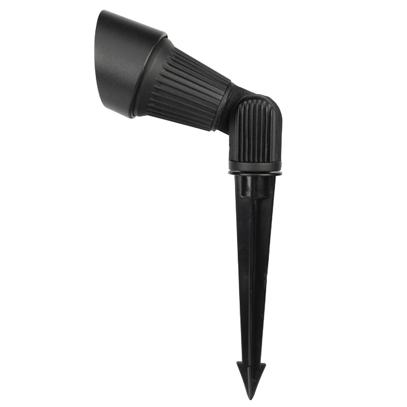Black outdoor spotlight with adjustable head on a white background