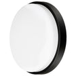 Round light fixture with black frame on a white background