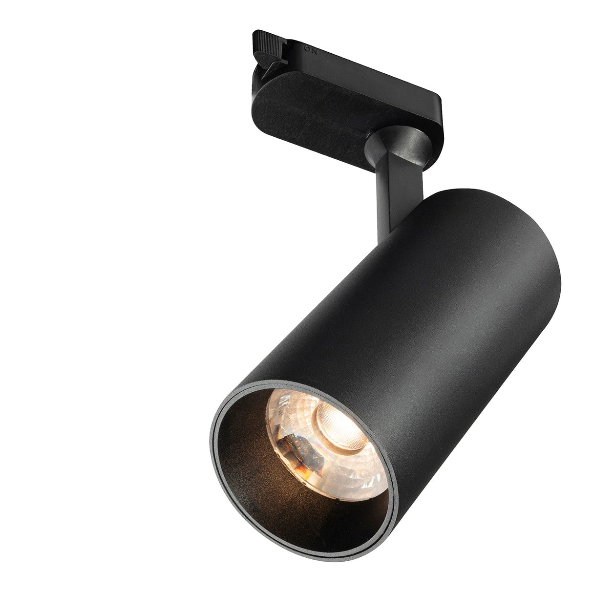Black track light fixture on a white background