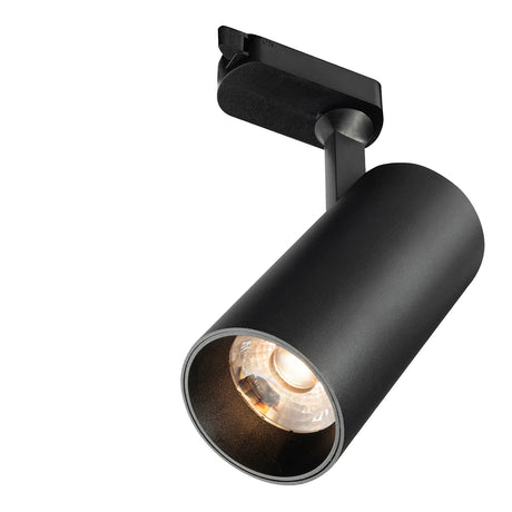 Black track light fixture on a white background