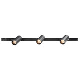 Black track light fixture with three cylindrical lights on a white background