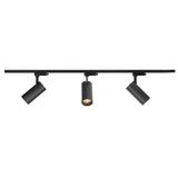 Black track light fixture on a white background