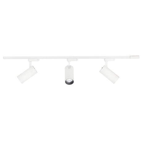 Track light fixture with three lampshades on a white background