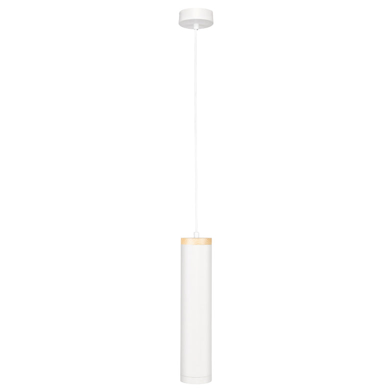 White pendant light with wooden accent on a white background