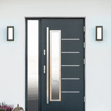 Modern gray front door with glass panels on a white wall.