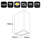 LED light fixture with specifications and dimensions on a white background