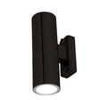 Black cylindrical wall light fixture on a white background
