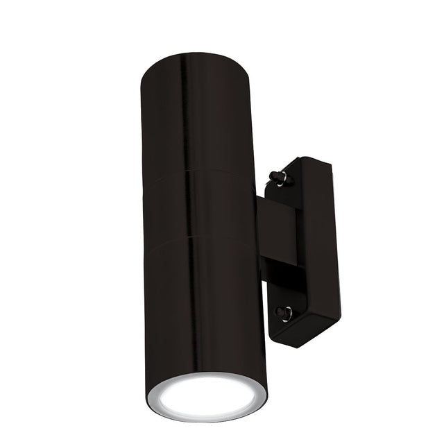Black cylindrical wall light fixture on a white background