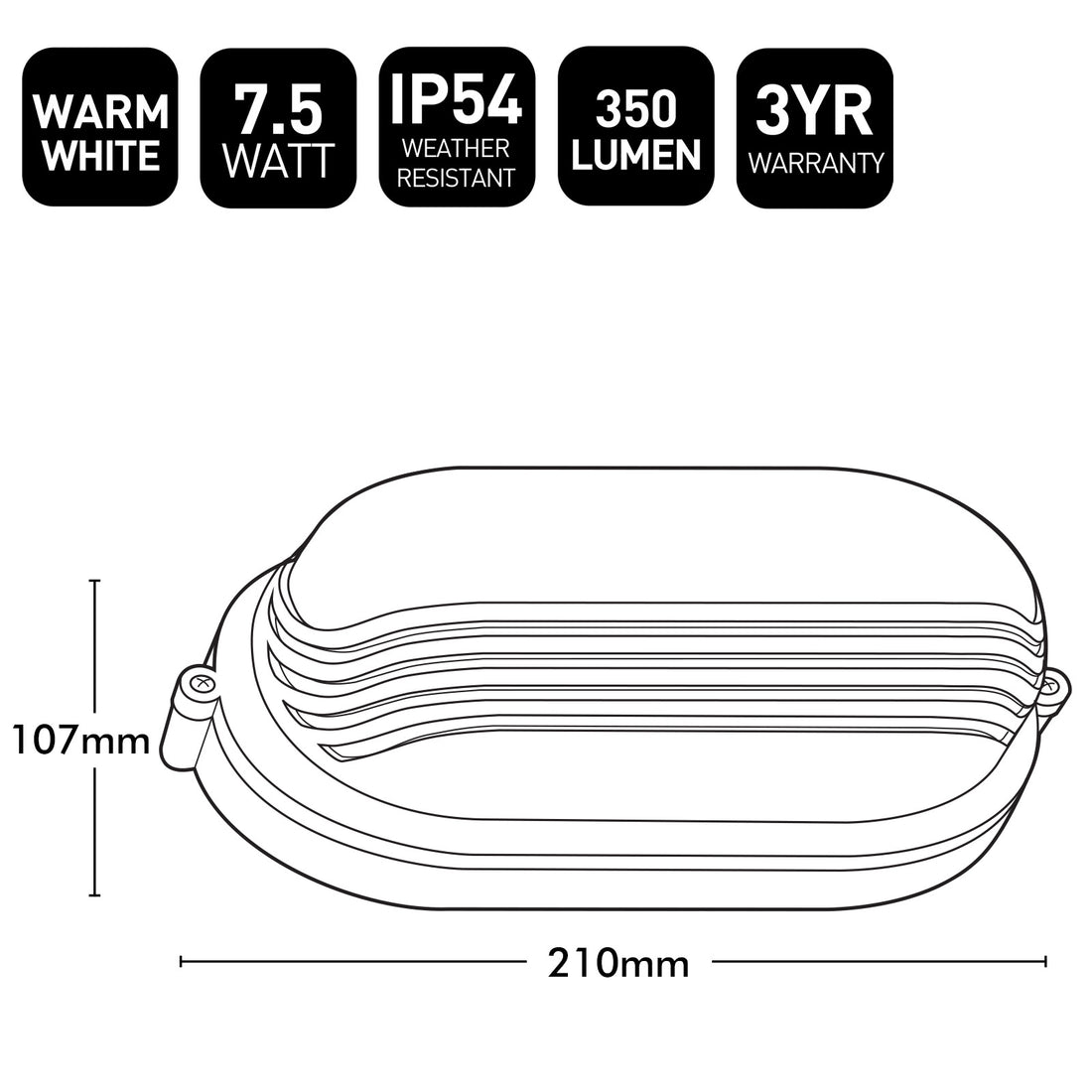 Light fixture with specifications including warm white, 7.5 watts, IP54 weather resistance, 350 lumen, and 3-year warranty.