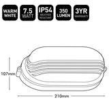 Light fixture with specifications including warm white, 7.5 watts, IP54 weather resistance, 350 lumen, and 3-year warranty.