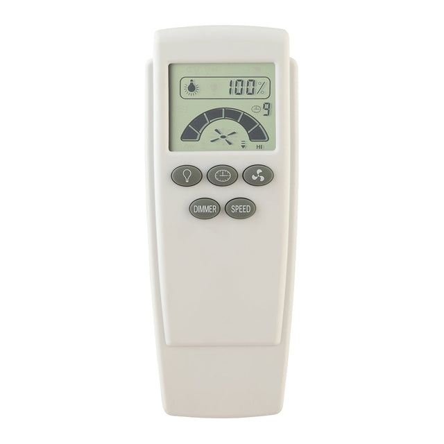 White remote control with digital display on a white background