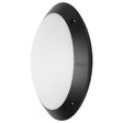 Round black wall light fixture on a white background