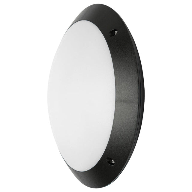 Round black wall light fixture on a white background