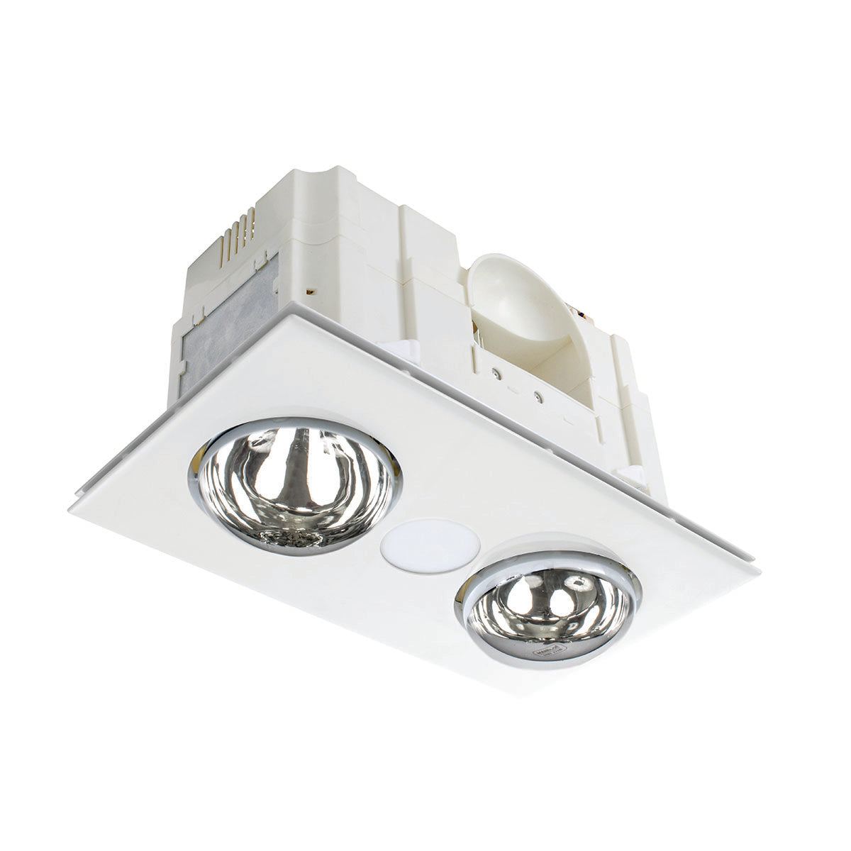 White recessed ceiling light fixture with two heating elements on a white background