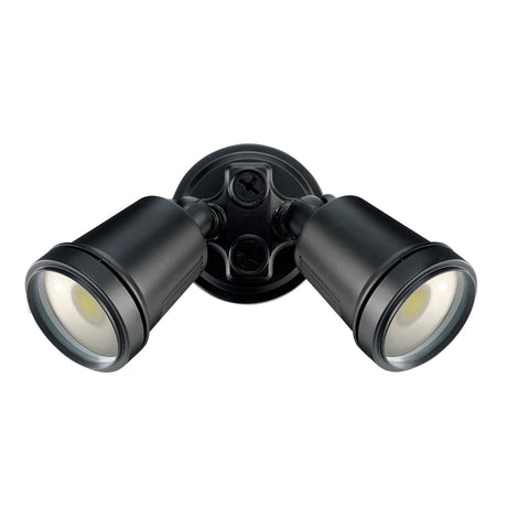 Black outdoor light fixture with two lampshades on a white background