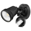 Black outdoor security light with two lights and a motion sensor on a white background