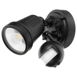 Black outdoor security light with two lights and a motion sensor on a white background