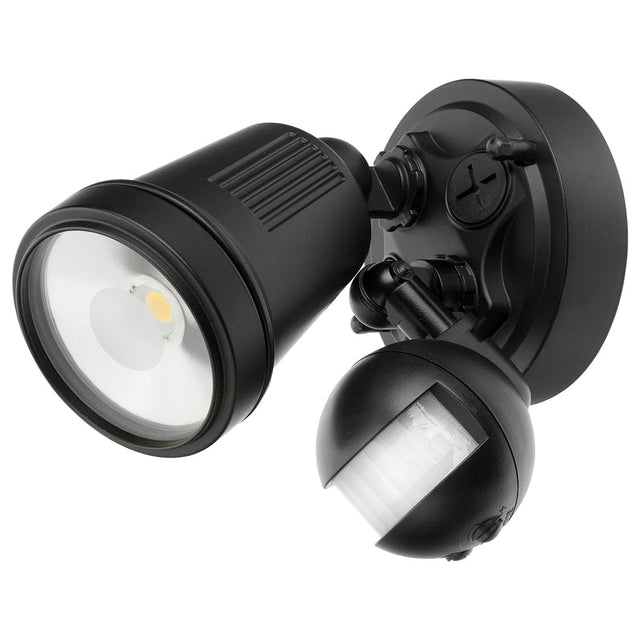 Black outdoor security light with two lights and a motion sensor on a white background