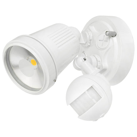 White outdoor security light with motion sensor on a white background