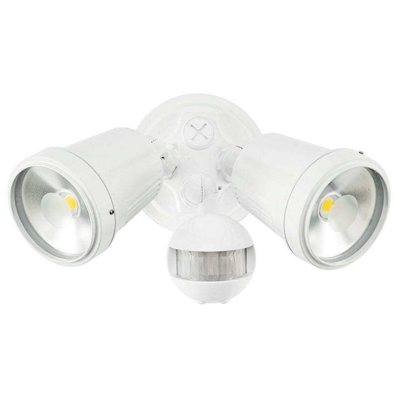 White outdoor security light with motion sensor on a white background