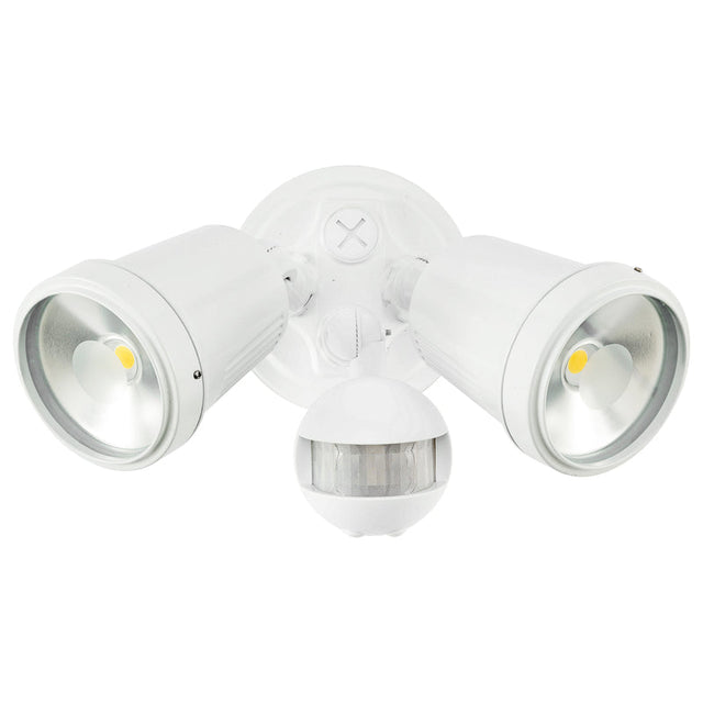 White outdoor security light with motion sensor on a white background
