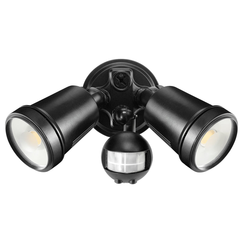 Black outdoor security light fixture with three lights on a white background