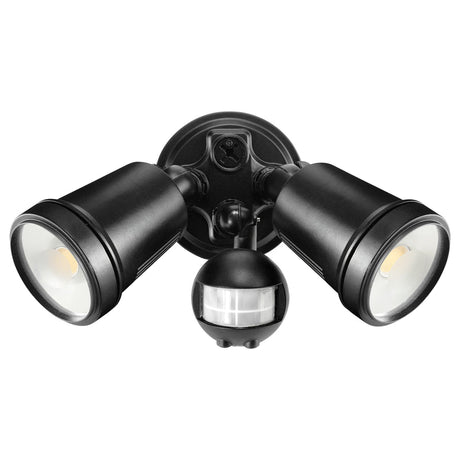 Black outdoor security light fixture with three lights on a white background
