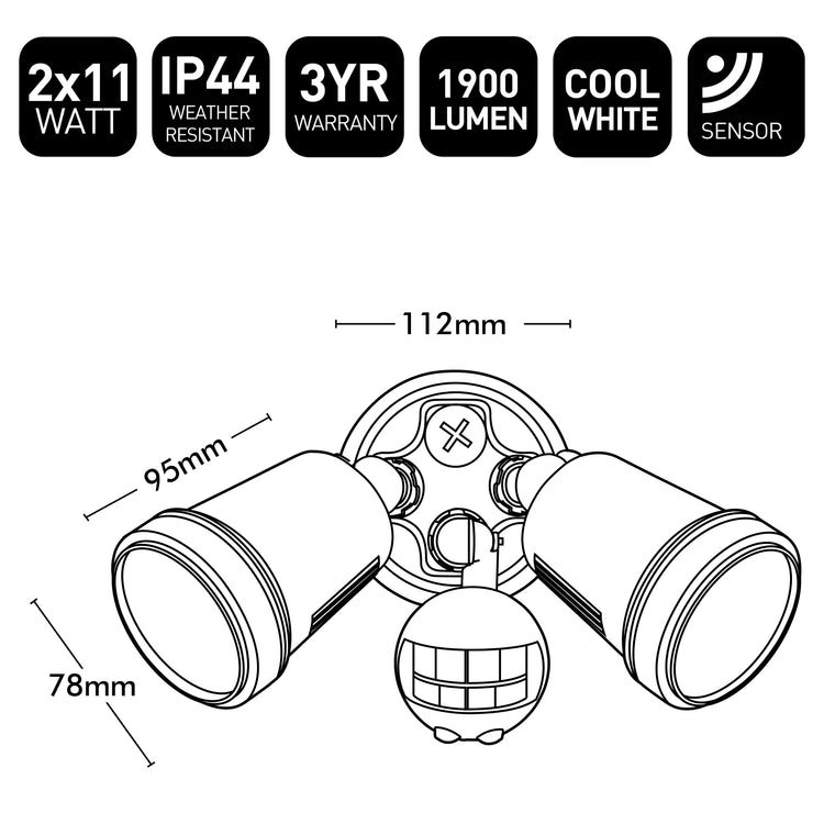 Diagram of a dual-head outdoor light fixture with specifications on a white background