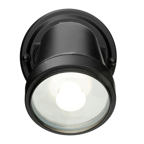 Black outdoor wall light fixture on a white background