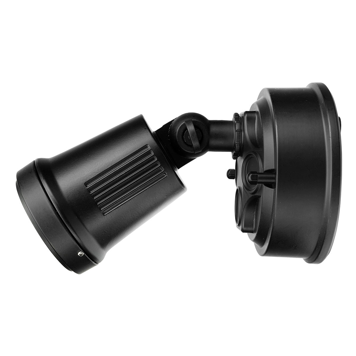 Black adjustable outdoor light fixture on a white background